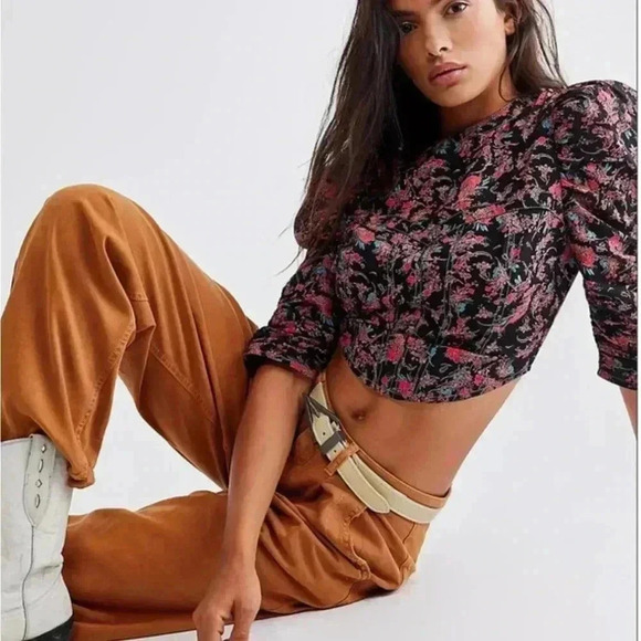 Free People Monica Top, Floral Open Back Puff Sleeve Cinched Waist Blouse Med - Picture 3 of 16